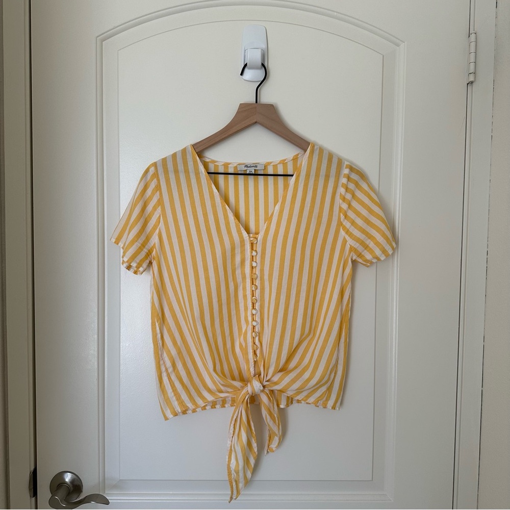 Madewell Agency Tie-Front Button Cotton Blouse Top in Yellow Pompano Stripe